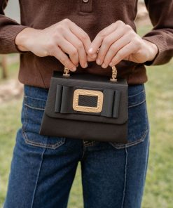 Black Lulu with Gold Bamboo Handle - Black Flat Bow with Gold Buckle