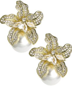 Charlotte Stud Earrings - Rhinestone & Pearl Stud- 18k Gold Plated - Kristin Kennedy Collection