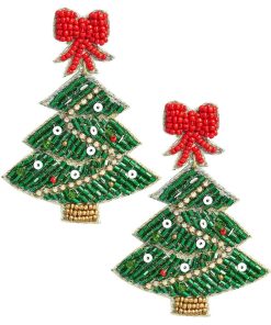 Christmas Tree Beaded Earring - Red Bow Top
