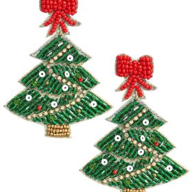 Christmas Tree Beaded Earring - Red Bow Top