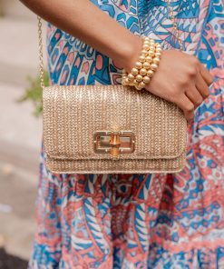 Lilly - Gold Woven Straw Clutch - Bamboo Toggle