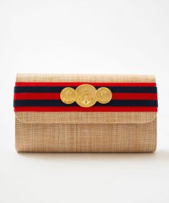 Avery Straw Clutch - Red & Navy Stripe  Red Layer with Triple Anchor Charm
