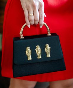 Black Faille Lulu with Three Nutcracker - Gold Bamboo Handle Handbag