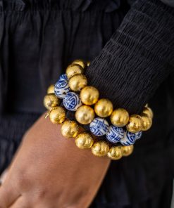 Georgia Beaded Bracelet Stack  - 1 Blue Chinoiserie & 2 - 14mm All Gold Bracelets