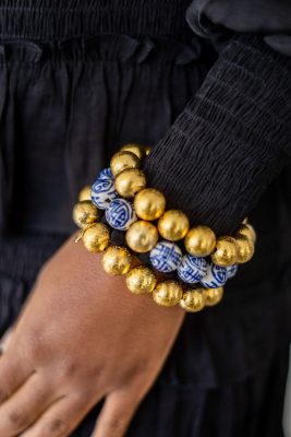 Georgia Beaded Bracelet Stack  - 1 Blue Chinoiserie & 2 - 14mm All Gold Bracelets