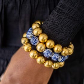 Georgia Beaded Bracelet Stack  - 1 Blue Chinoiserie & 2 - 14mm All Gold Bracelets