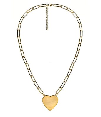 Gold Flat Heart Charm Necklace with Paper Clip Chain - 18k Gold Plated -