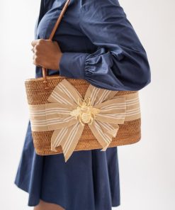Large Charlotte - Khaki and White Stripe Fluffy Bow with XL Bee