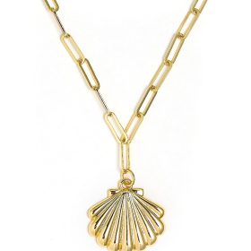 Puffy Scallop Shell Necklace with paper clip chain - 18k Plated Necklace