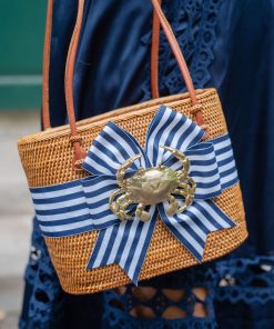 Medium Charlotte - Navy & White Striped Fluffy Bow with Crab
