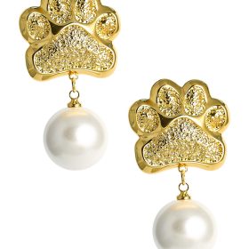 Paw Print Pearl Drop Earring - Gold Earring